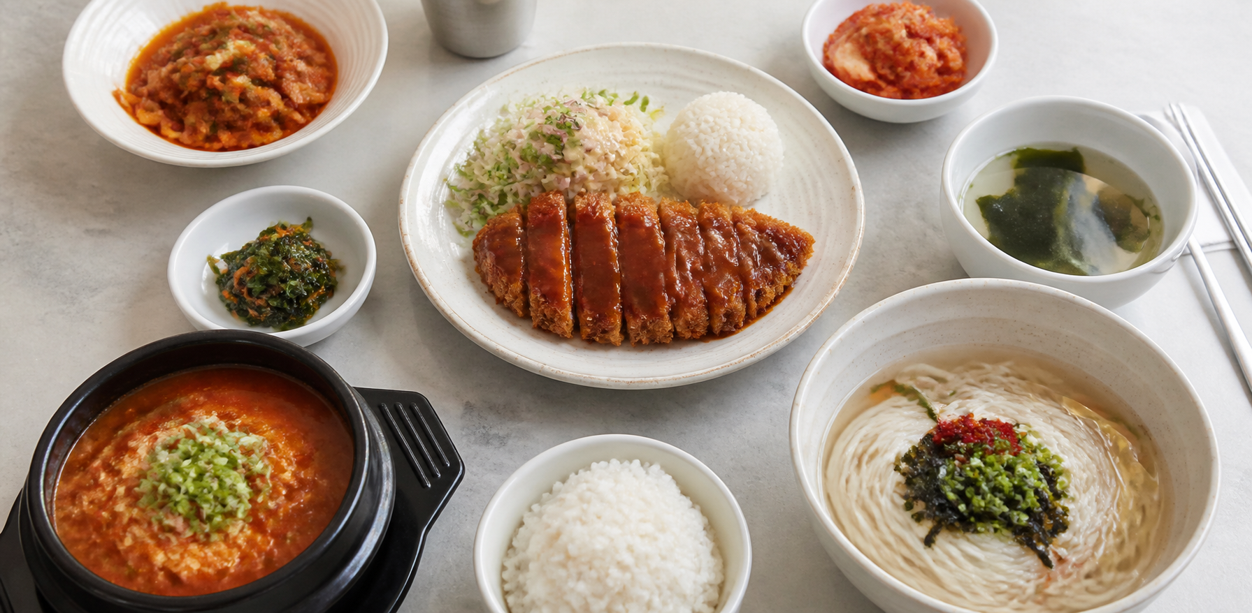 밥과 국, 반찬으로 차려진 점심 식탁